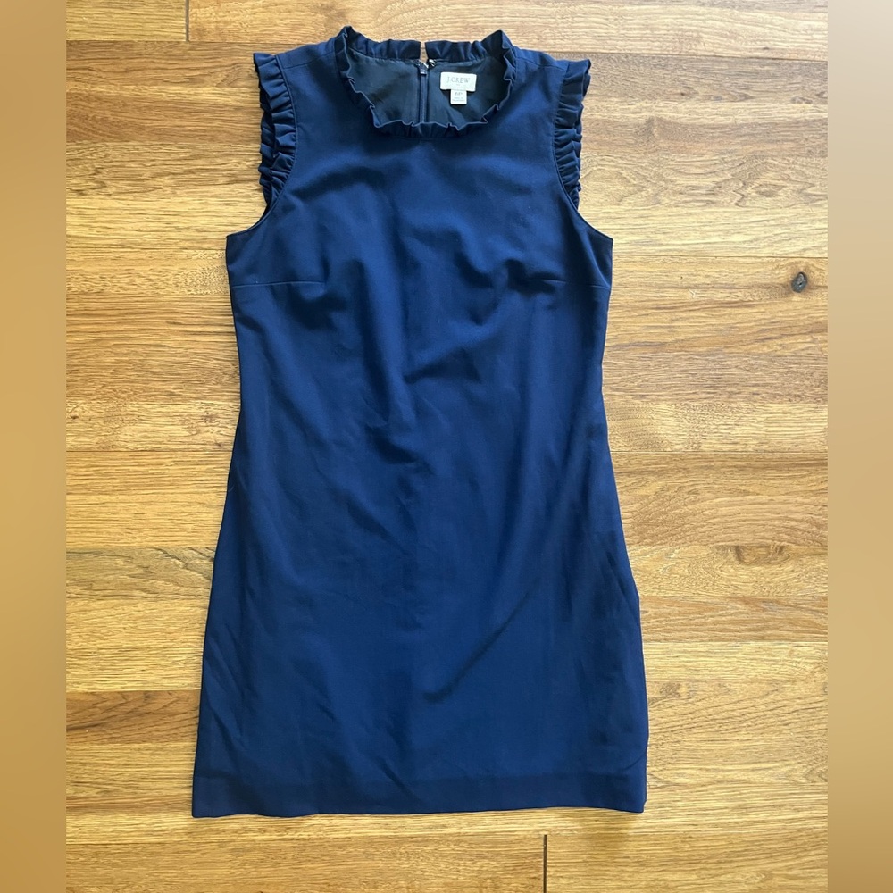 J. Crew Navy Blue Sheath Mini Dress Ruffle Neck Women’s‎ Sz 6P Preppy Classic